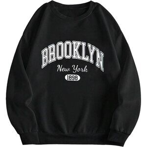 ⚡Women Black Brooklyn Imported Graphic Crewneck Long Sleeve Pullover Sweatshirt